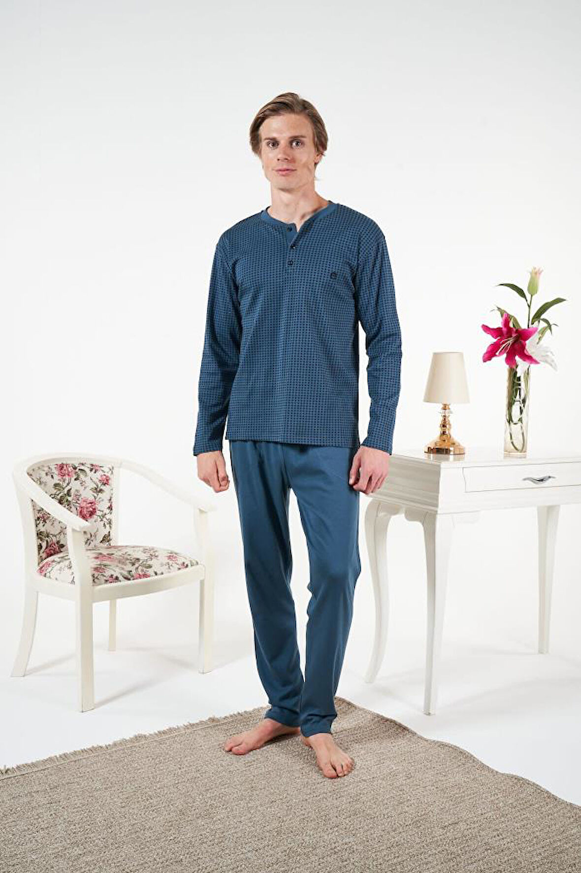 Erkek Kışlık Patlı Kareli Penye İnterlok Pijama Takımı İndigo