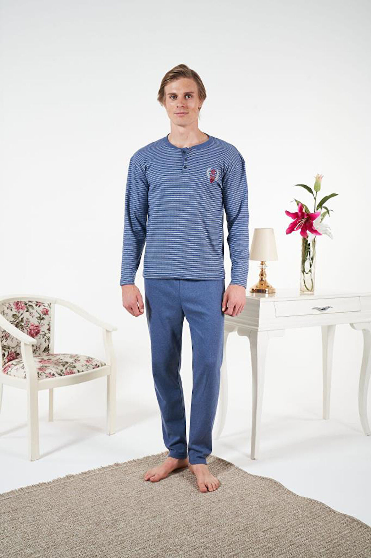 Erkek Kışlık Patlı Çizgili İnterlok Şardonlu Pijama Takımı