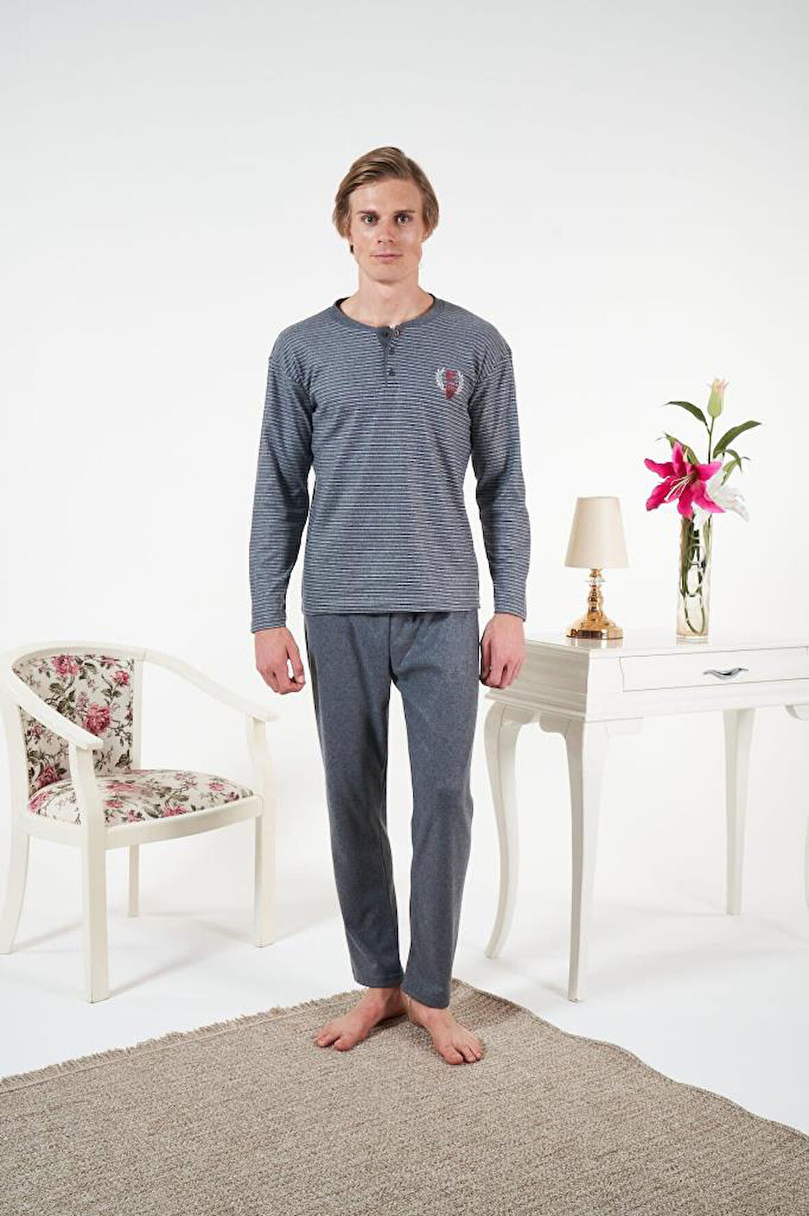 Erkek Kışlık Patlı Çizgili İnterlok Şardonlu Pijama Takımı