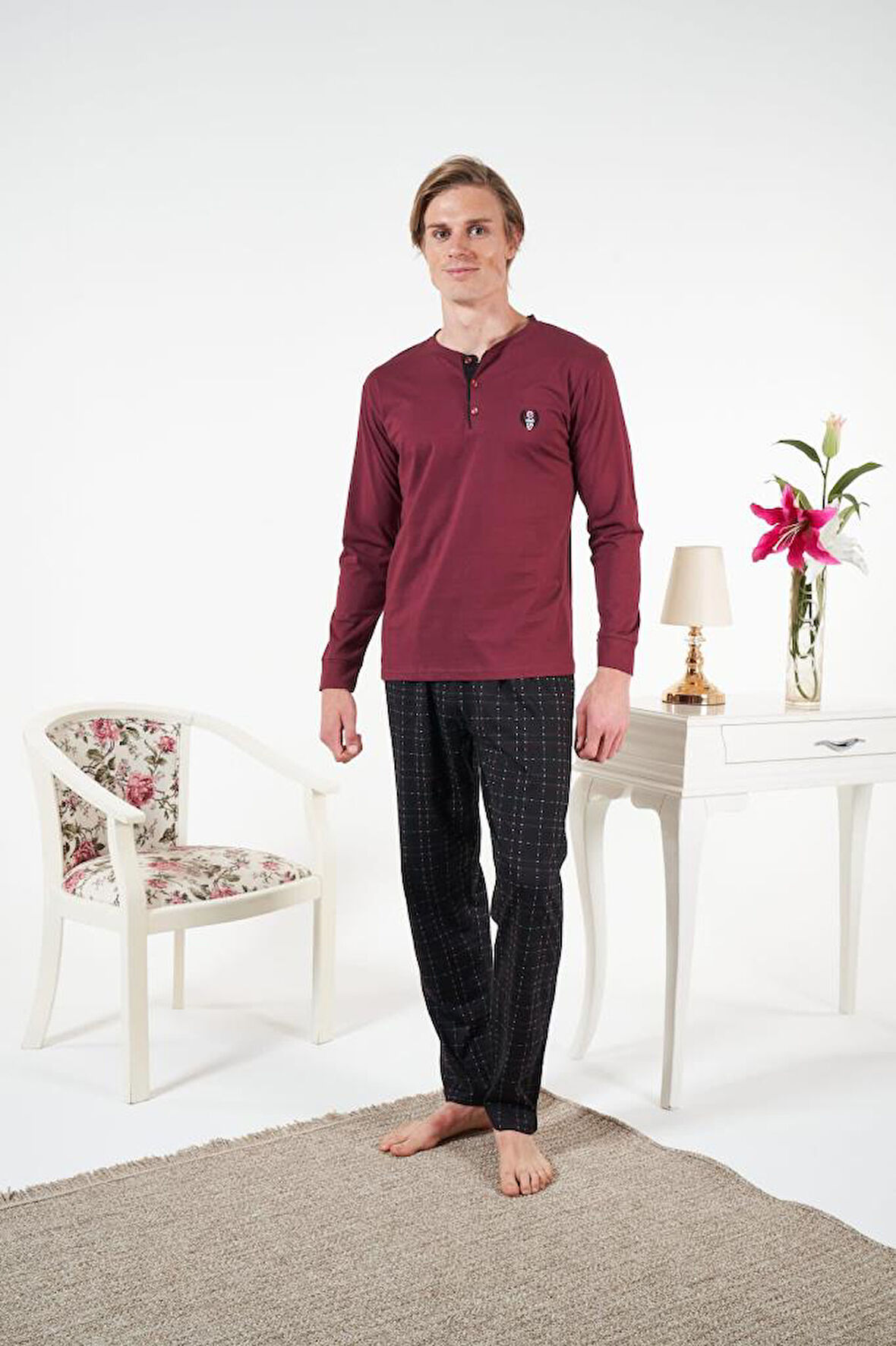 Erkek Kışlık Patlı Kareli Penye Süprem Pijama Takımı Bordo