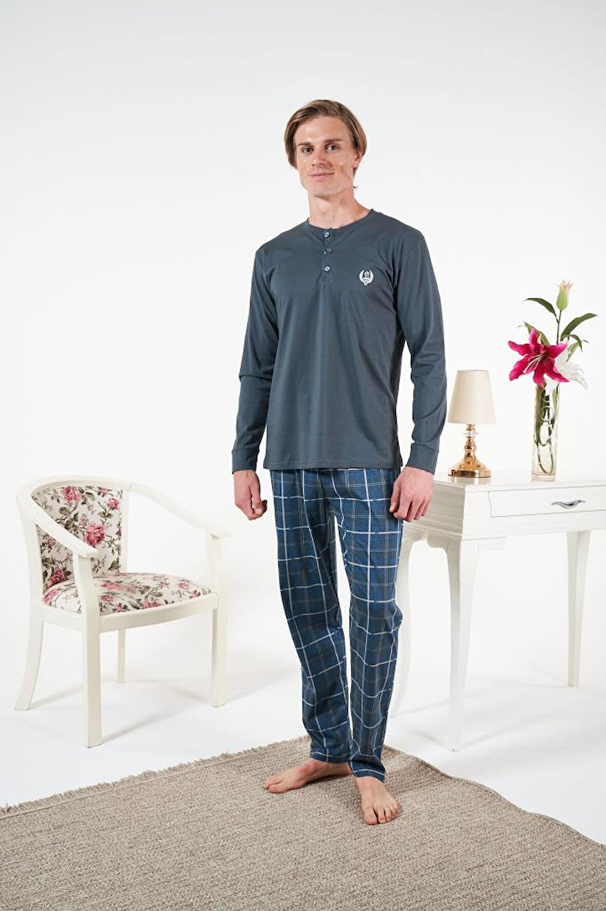 Erkek Kışlık Patlı Kareli Penye Süprem Pijama Takımı Petrol