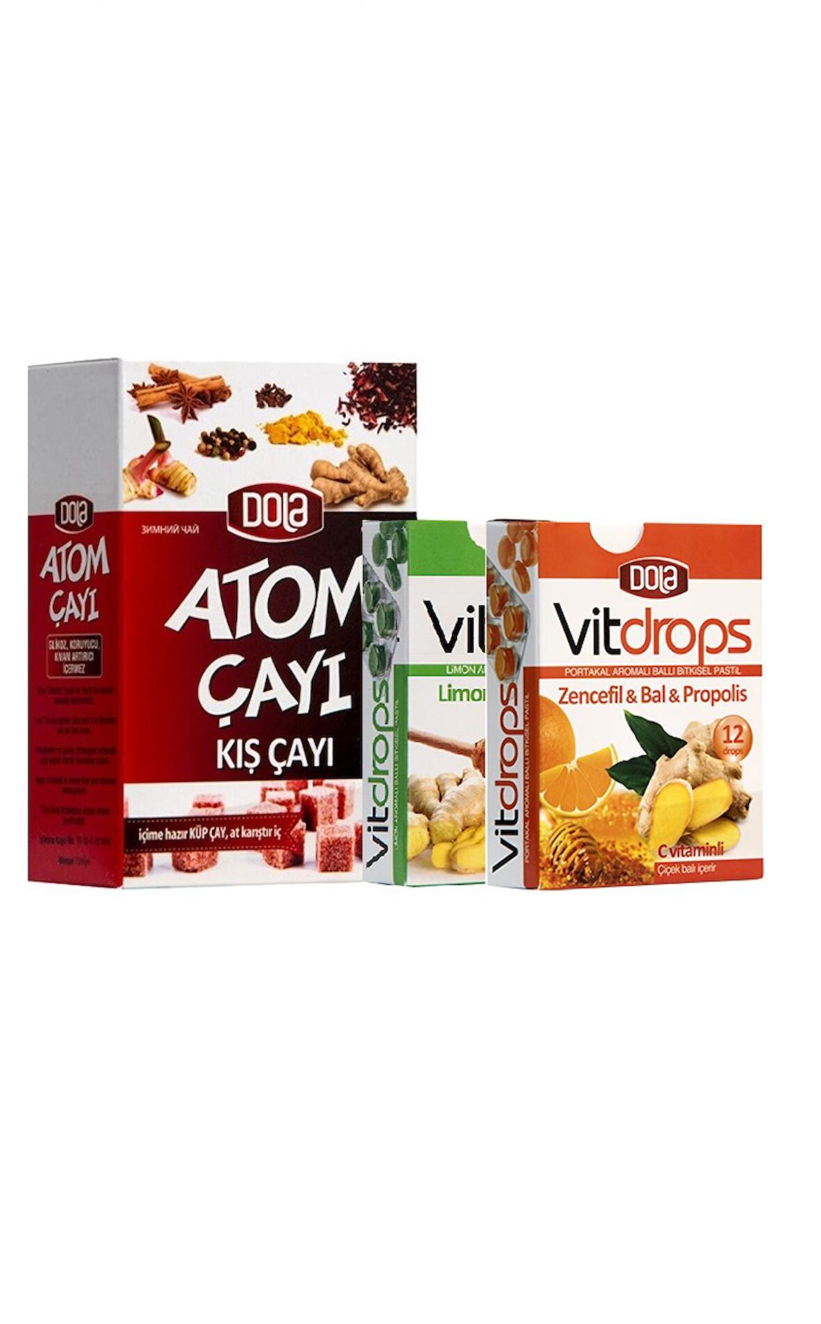 Dola Vitdrops Boğaz Pastili & Atom Çay Paketi 4'lü Set