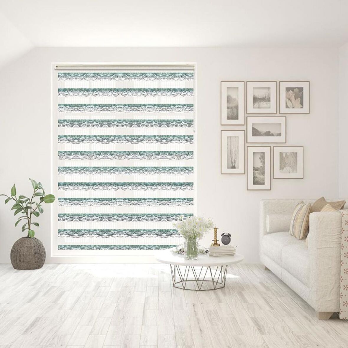 Stor Zebra Perde Beyaz Mint Degrade Geçişli Jakar Piliseli 1.Kalite Dekoratif Kornişe Kolay Montaj