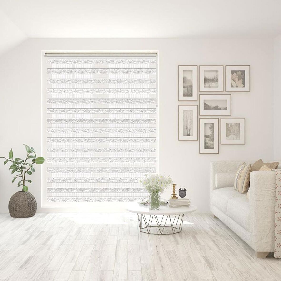 Stor Zebra Perde Gri Simli Floral Şal Desenli Beyaz Piliseli 1.Kalite Dekoratif Kornişe Kolay Montaj