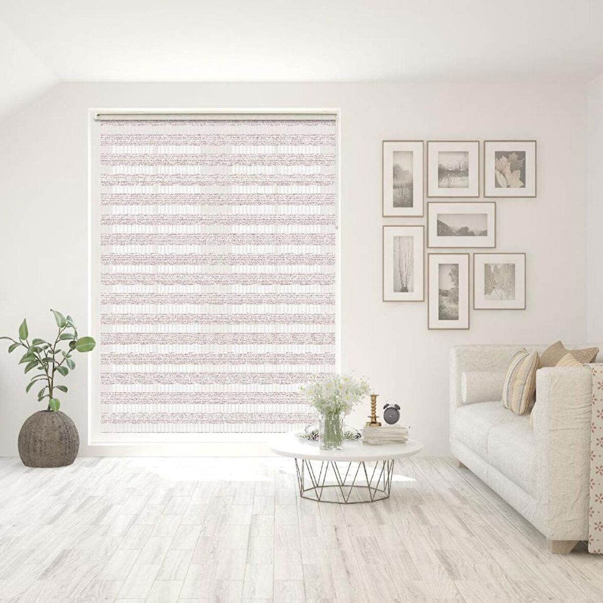 Stor Zebra Perde Pembe Beyaz Kırçıllı Desenli Jakar Piliseli 1.Kalite Dekoratif Kornişe Kolay Montaj