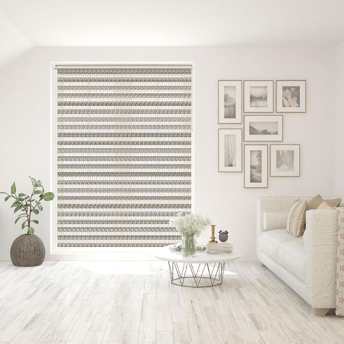 Stor Zebra Perde Vizon Siyah Minimal Çizgi Desen Jakar Piliseli 1.Kalite Dekoratif Kornişe Kolay Montaj