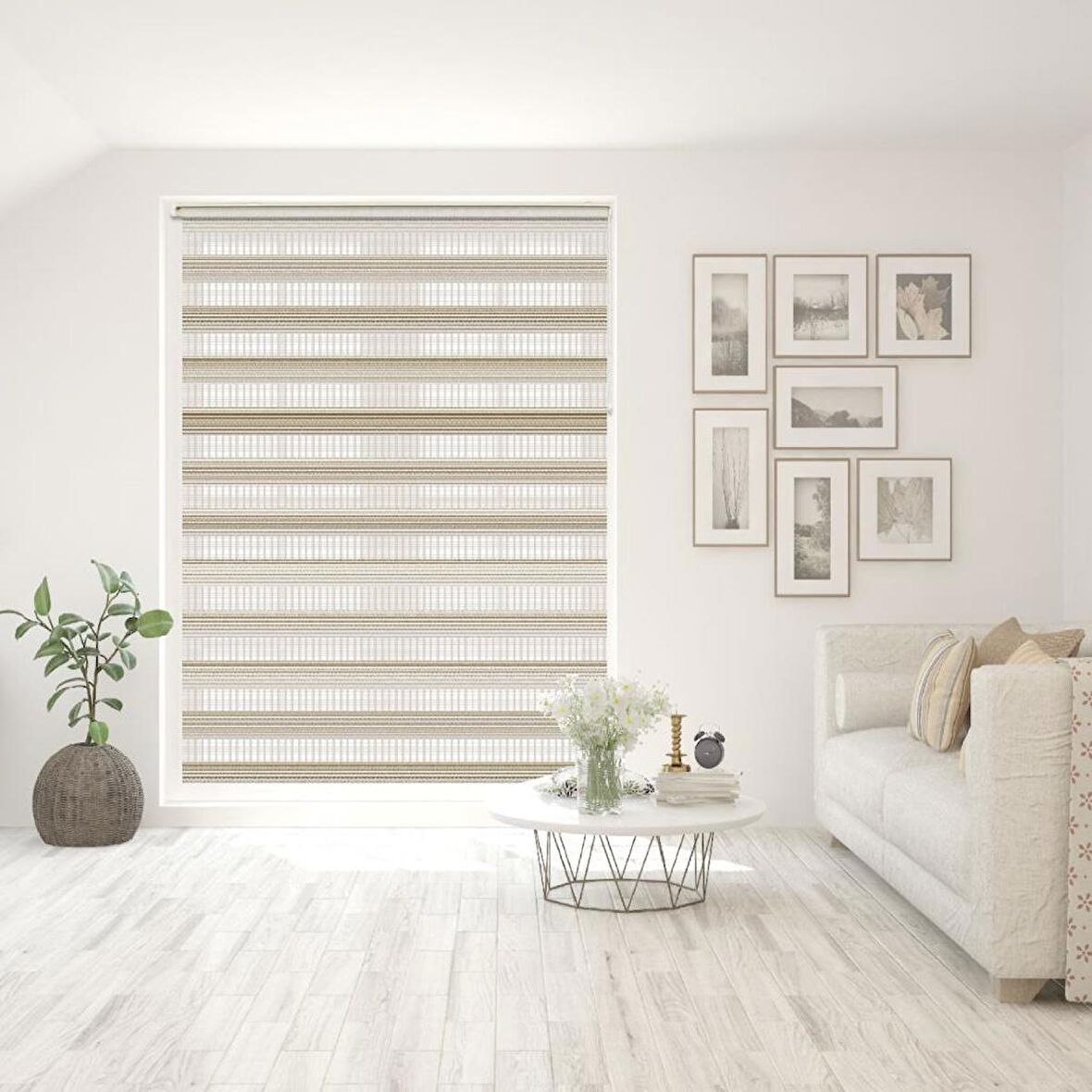 Stor Zebra Perde Krem Bej Degrade Geçişli Jakar Desen Piliseli 1.Kalite Dekoratif Kornişe Kolay Montaj