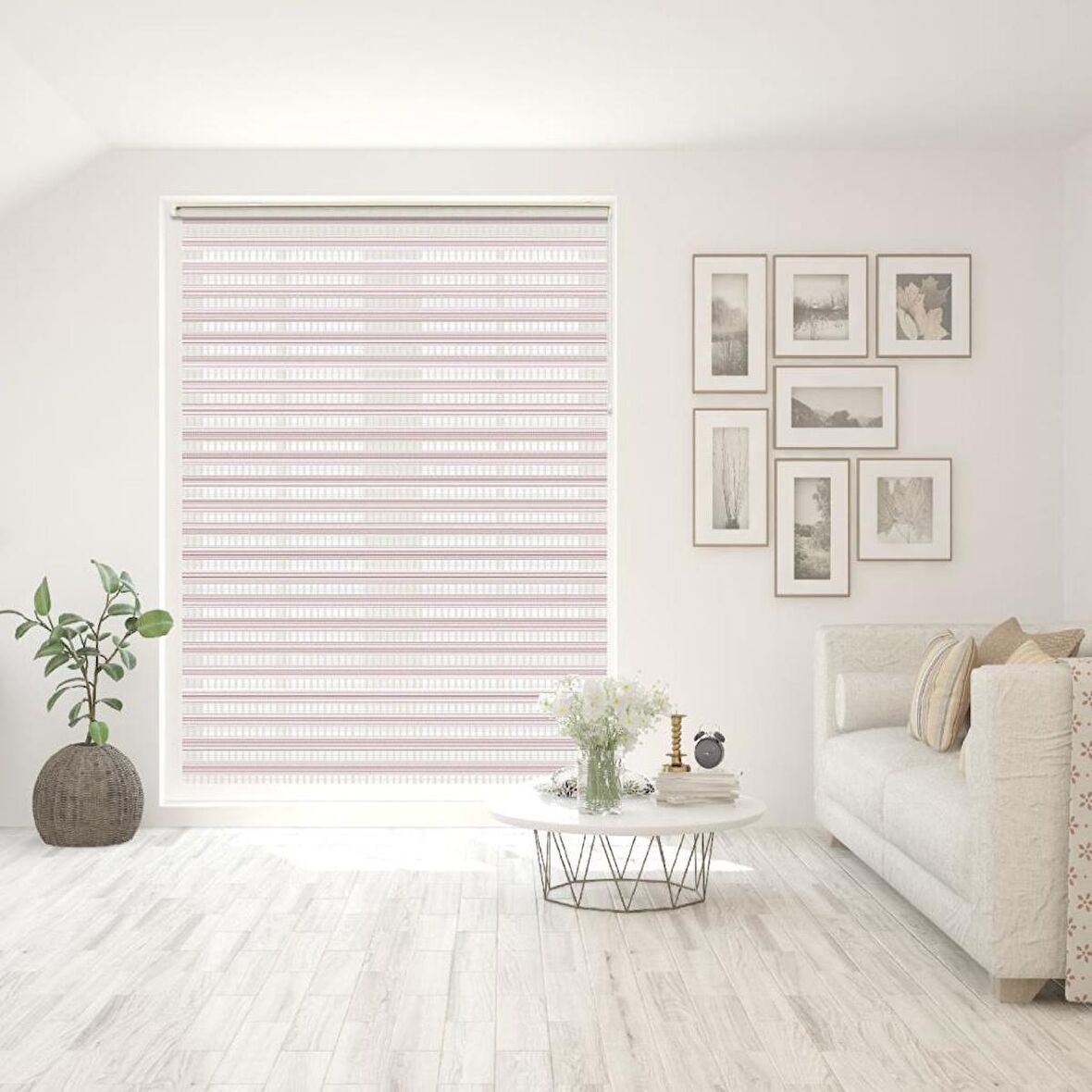 Stor Zebra Perde Pembe Beyaz Jakar Desenli Degrade Piliseli 1.Kalite Dekoratif Kornişe Kolay Montaj