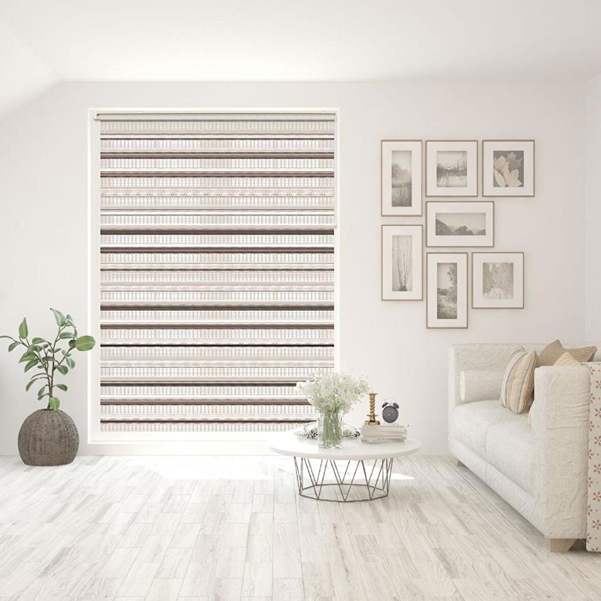 Stor Zebra Perde Beyaz Bej Degrade Minimal Jakar Desen Piliseli 1.Kalite Dekoratif Kornişe Kolay Montaj
