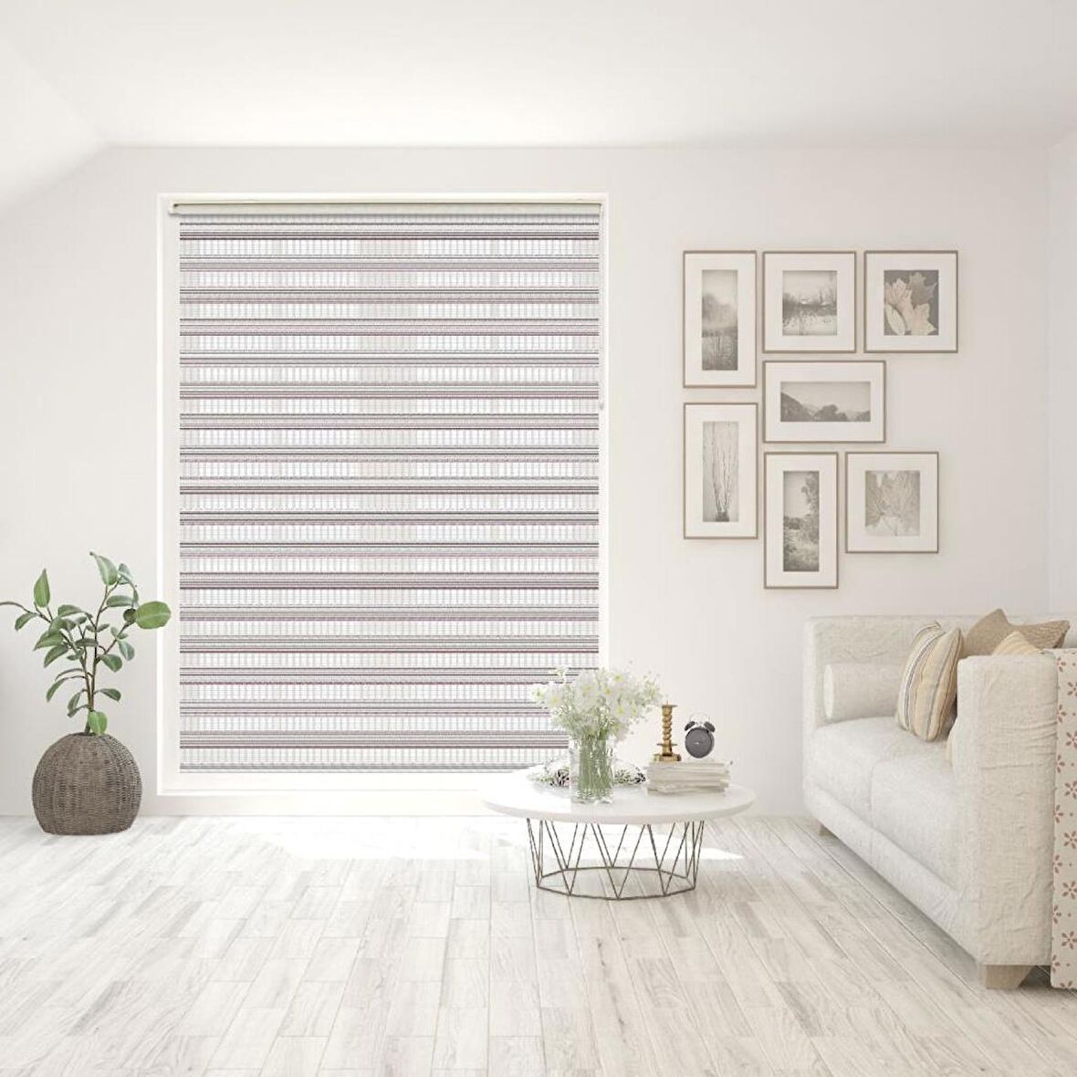 Stor Zebra Perde Gri Beyaz Sim Geçişli Dar Jakar Desen Piliseli 1.Kalite Dekoratif Kornişe Kolay Montaj