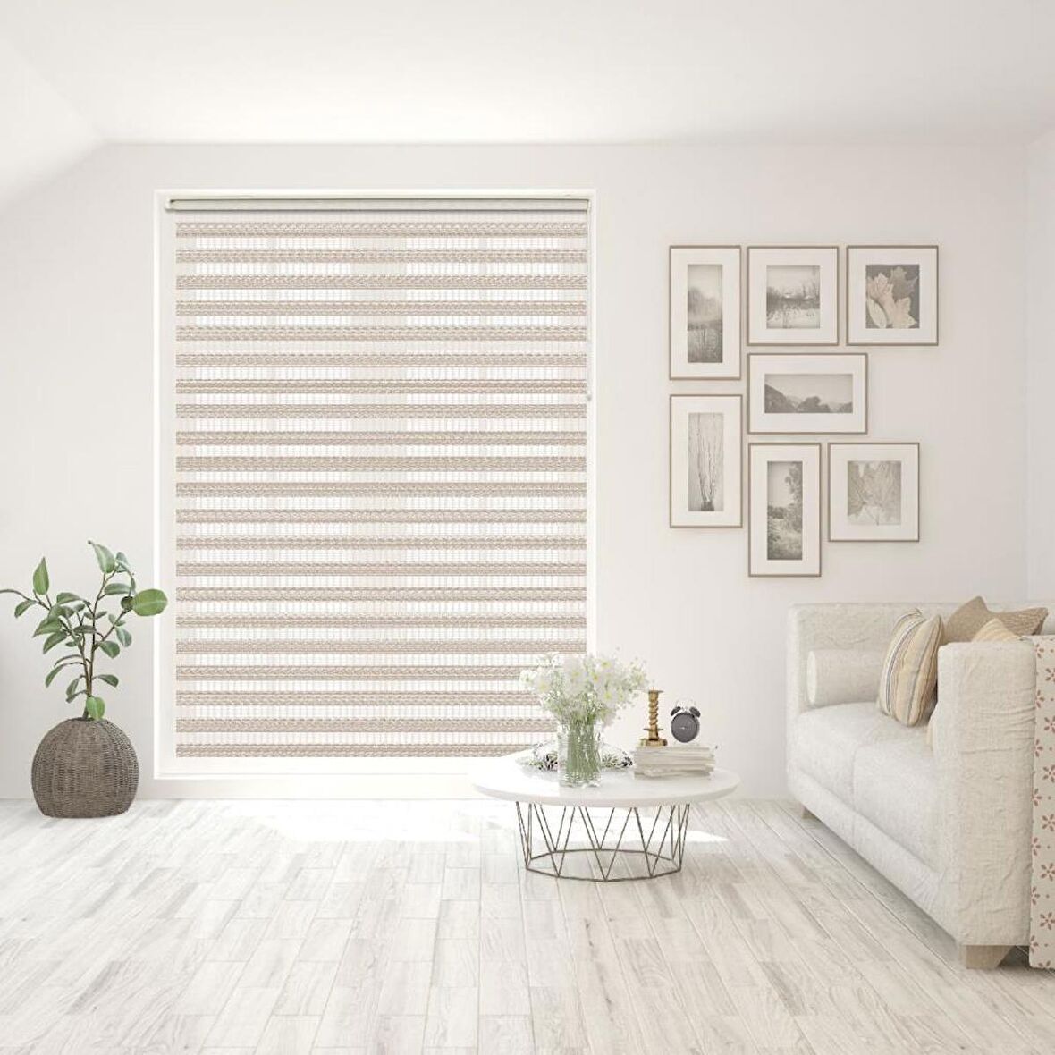 Stor Zebra Perde Klasik Bej Beyaz Geçişli Desen Piliseli 1.Kalite Dekoratif Kornişe Kolay Montaj