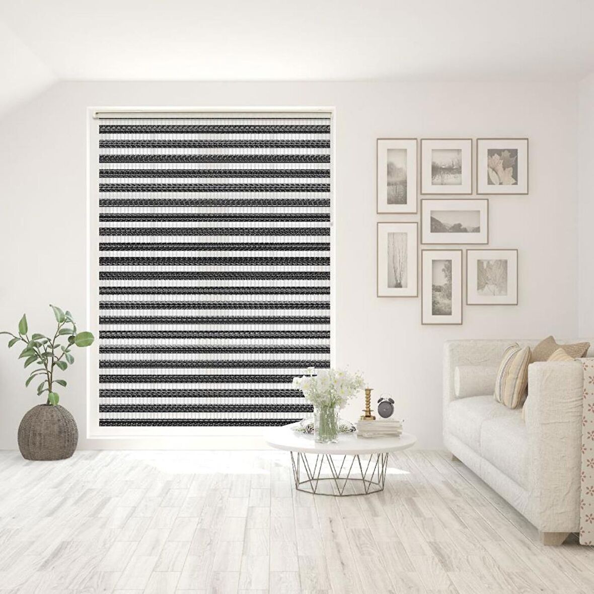 Stor Zebra Perde Klasik Siyah Beyaz Geçişli Desen Piliseli 1.Kalite Dekoratif Kornişe Kolay Montaj