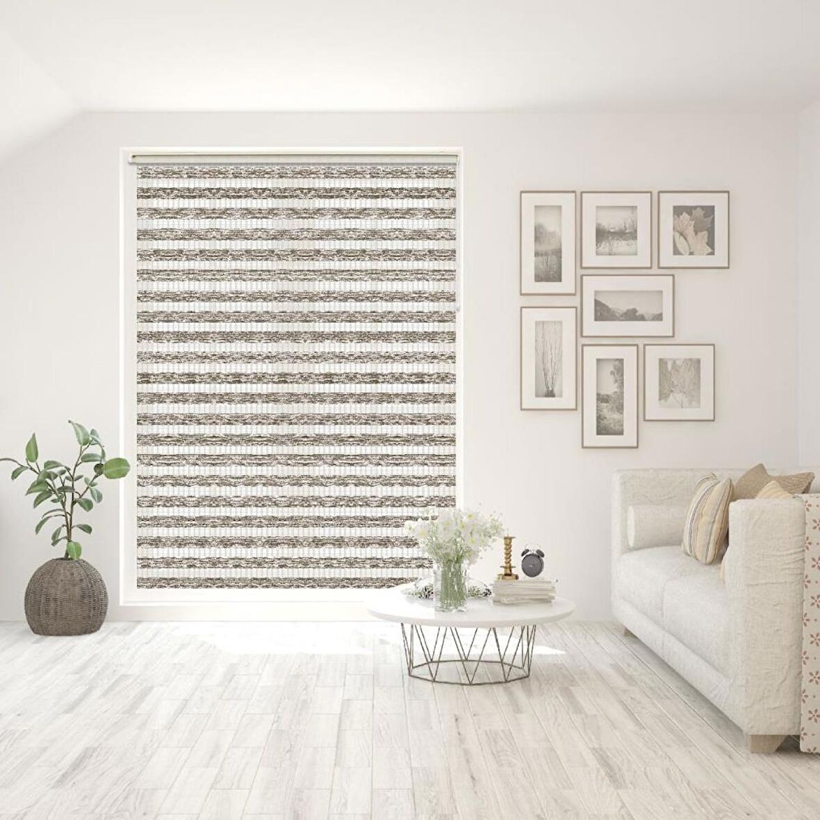 Stor Zebra Perde Geçişli Haki Bej Minimal Desenli Piliseli 1.Kalite Dekoratif Kornişe Kolay Montaj