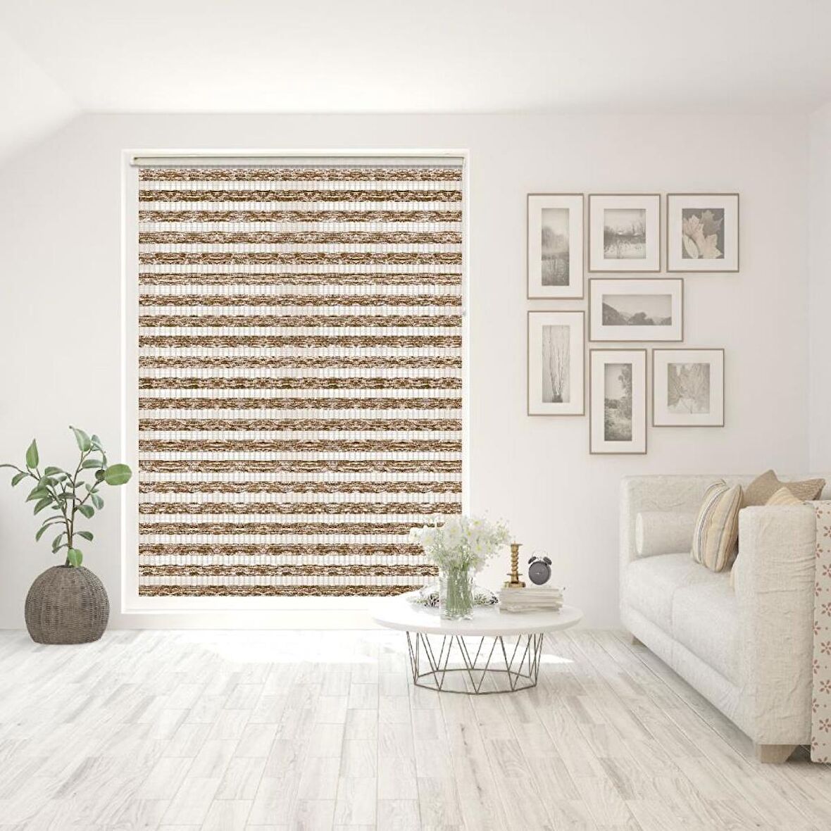 Stor Zebra Perde Geçişli Vizon Vizon Minimal Desenli Piliseli 1.Kalite Dekoratif Kornişe Kolay Montaj