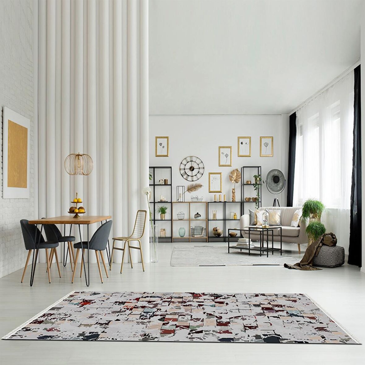 Baskılı Halı Eskitme Renkli Kare Desenli Kaymaz Taban Saçaklı Modern Dekoratif Makinede Yıkanabilir