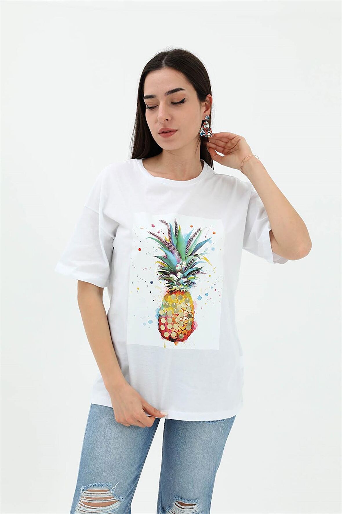 Bisiklet Yaka Ananas Baskılı Süprem T-shirt - Beyaz