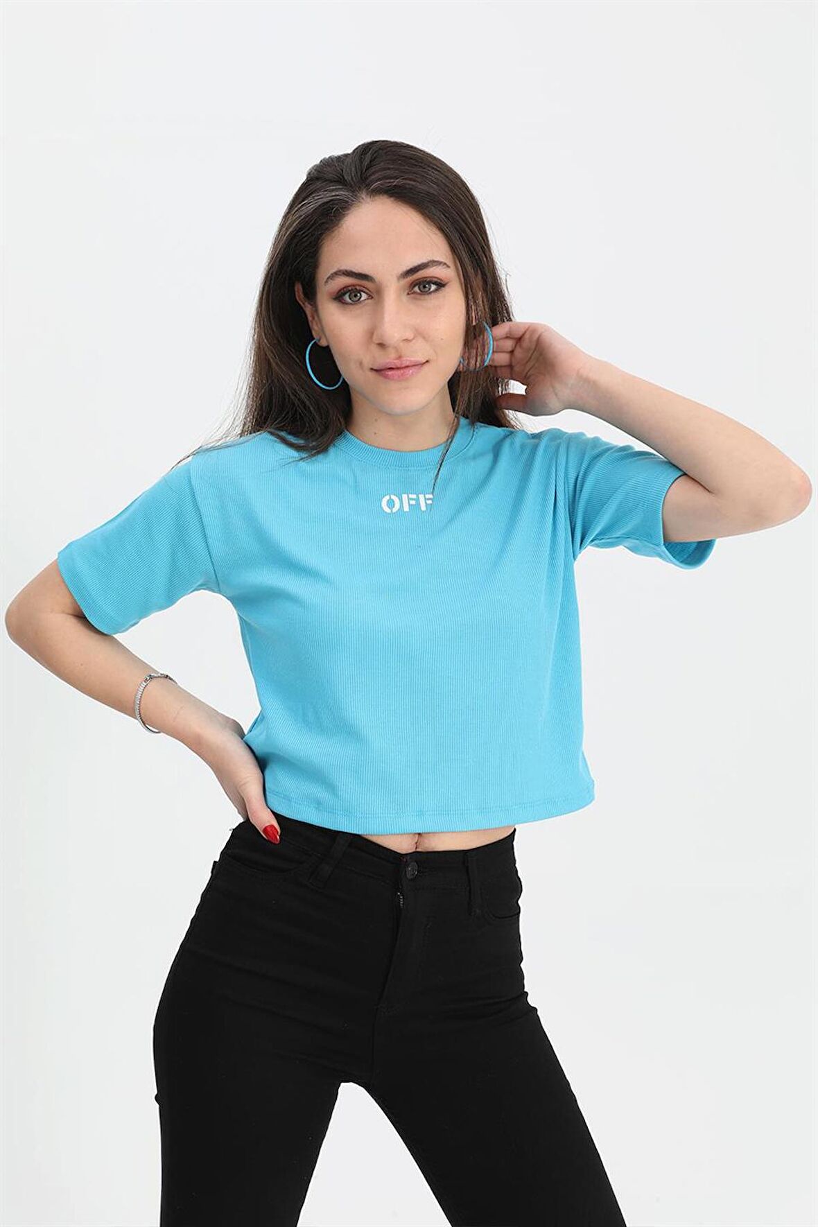 Tshirt Crop Bisiklet Yaka Off Yazılı - Mavi