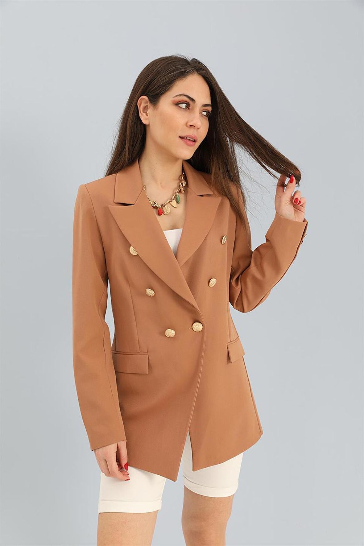 Blazer Fleto Cepli Atlas Kumaş Ceket - Camel