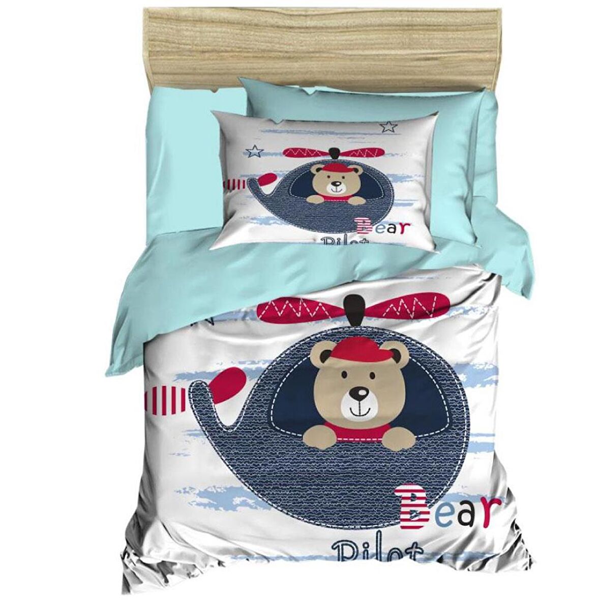 Bebek/Baby Pilot Bear/Ayıcık %100 Pamuk/Cotton Mavi Erkek Nevresim Takımı/Seti Yumuşak 2 Yatık Kılıflı 3D Baskılı