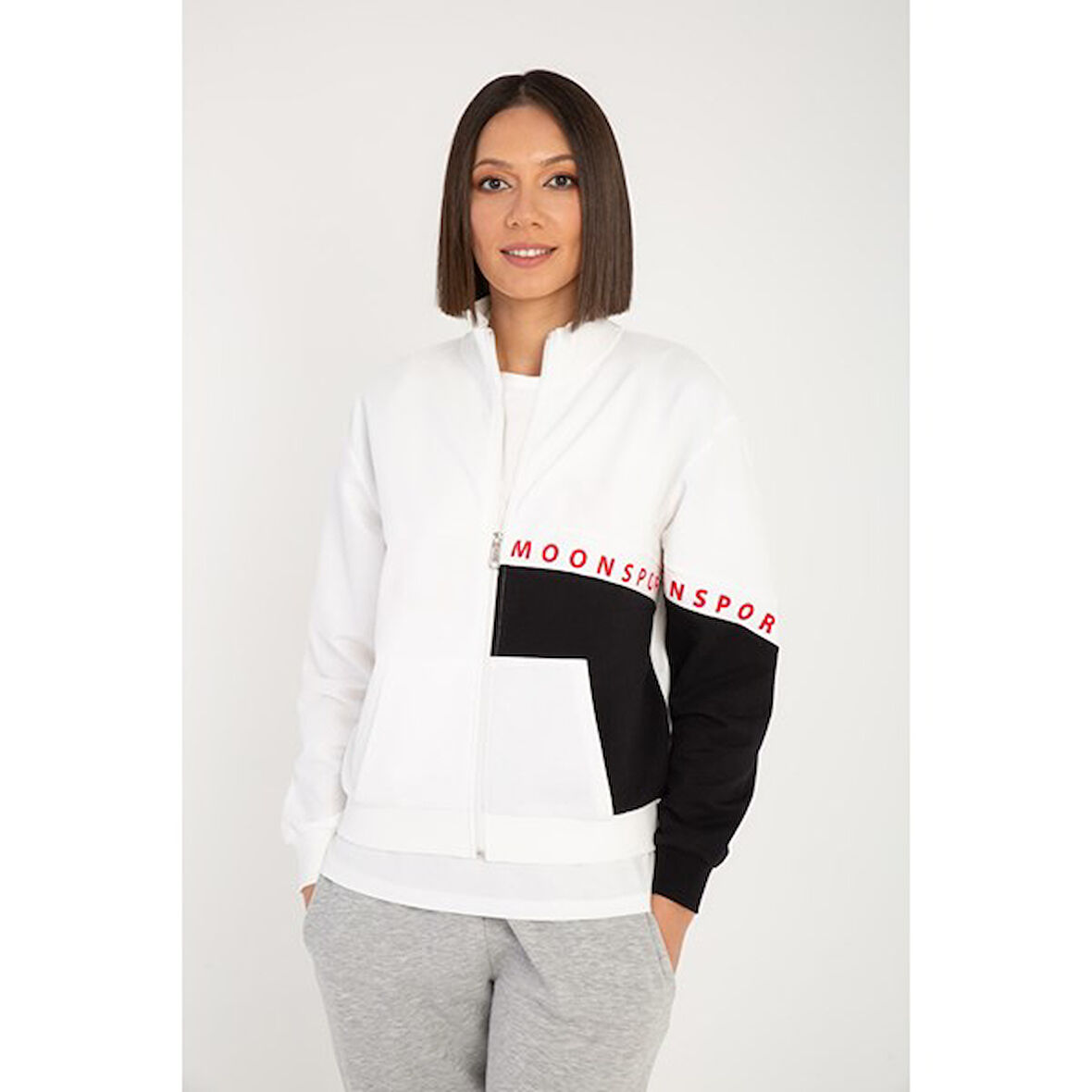 Olivia Kadın Fermuarlı Beyaz Siyah Sweatshirt