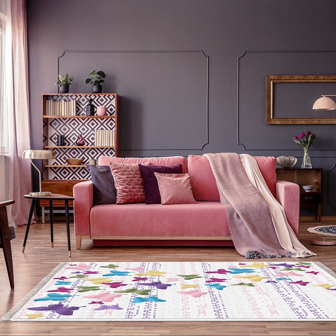 Alanur Star Kaymaz Pamuk Tabanlı Saçaklı Dijital Halı Multi