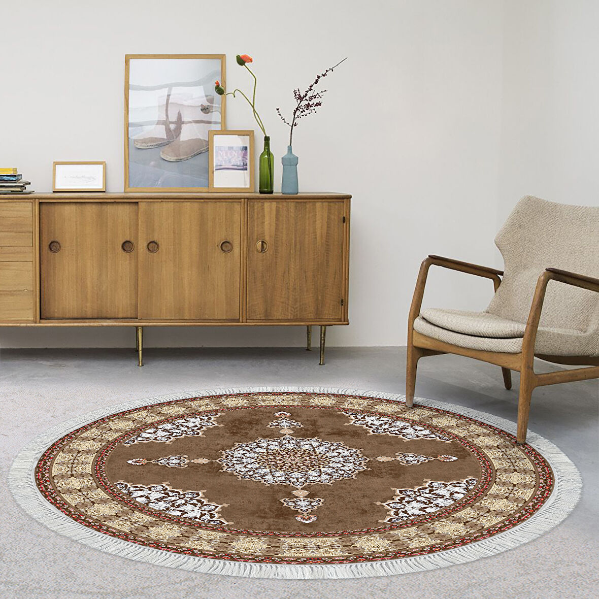 Alanur Yıldız Kaymaz Deri Tabanlı Saçaklı Dijital Halı Yuvarlak