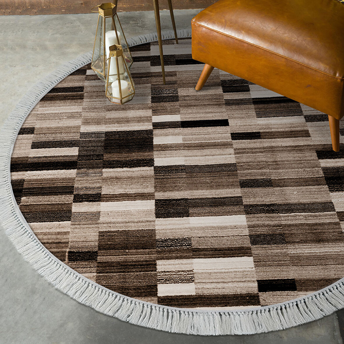 Alanur Star Kaymaz Pamuk Tabanlı Saçaklı Dijital Halı Yuvarlak