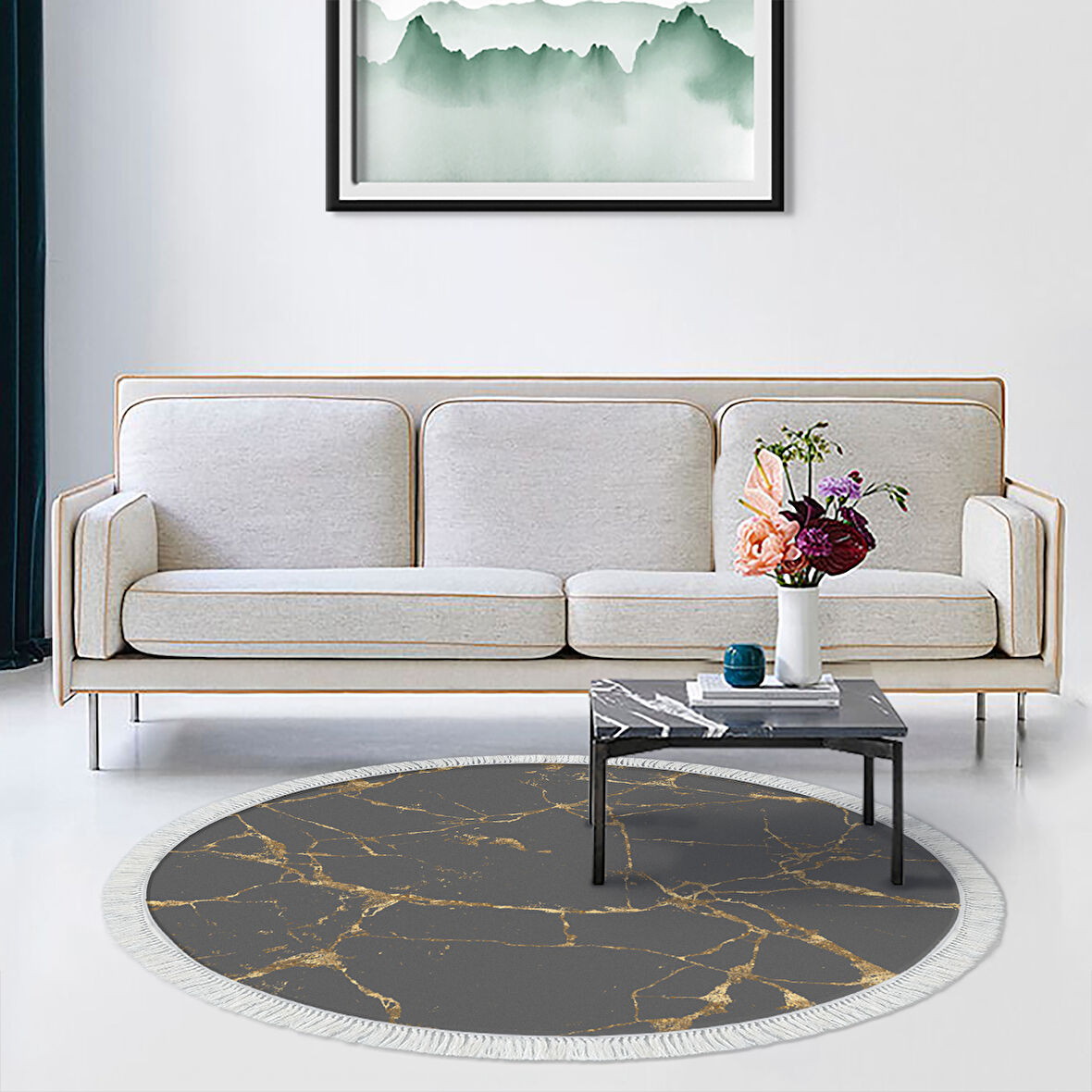 Alanur Yıldız Deri Tabanlı Saçaklı Dijital Halı Yuvarlak