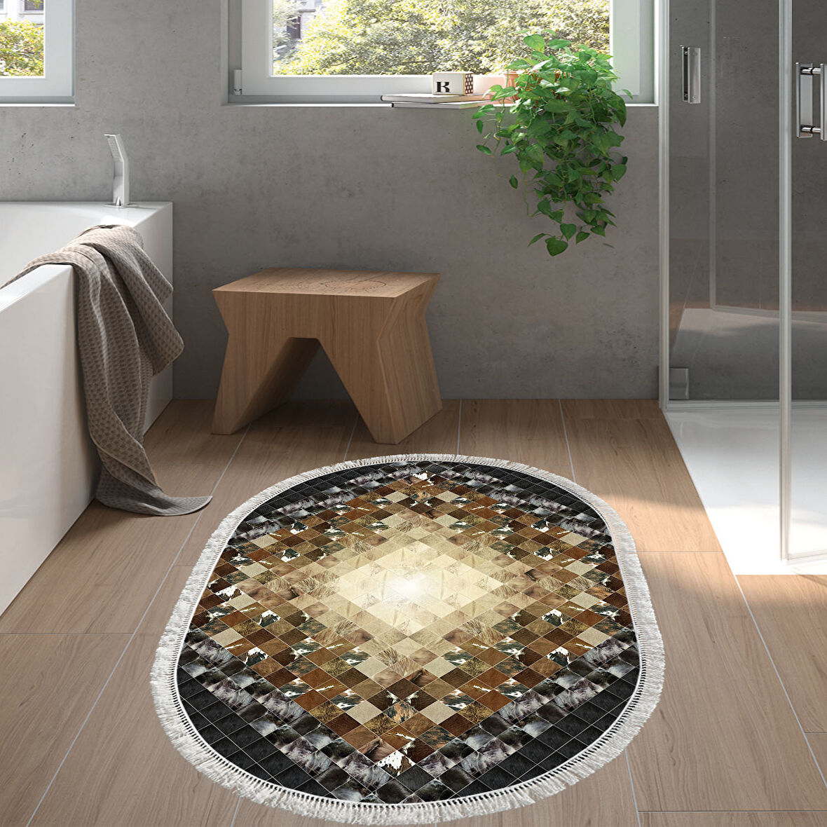 Eko Trend Djt Banyo Paspası Yıkanabilir Kaymaz Taban 759 Oval Patchwork