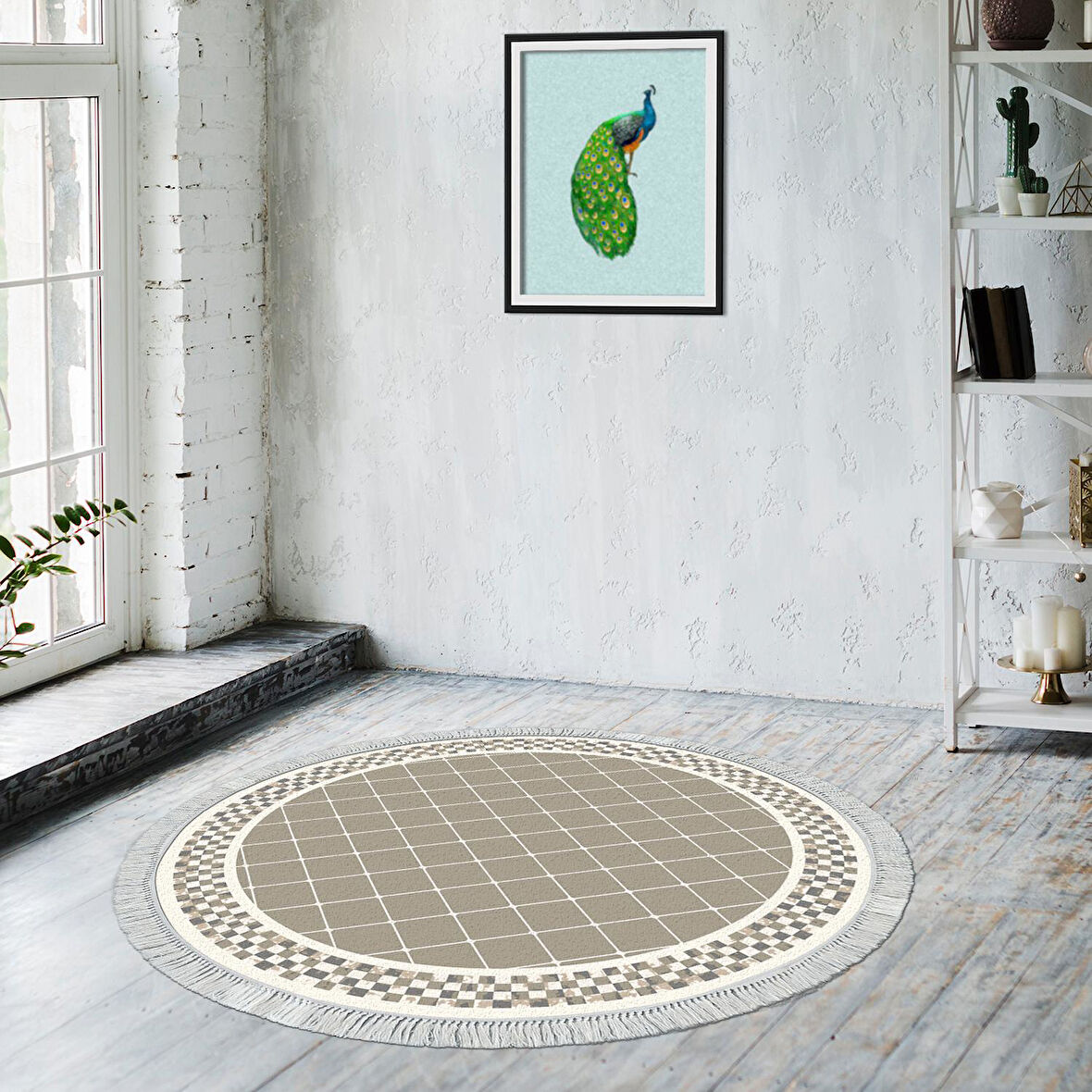 Alanur Yıldız Kaymaz Deri Tabanlı Saçaklı Dijital Halı Yuvarlak