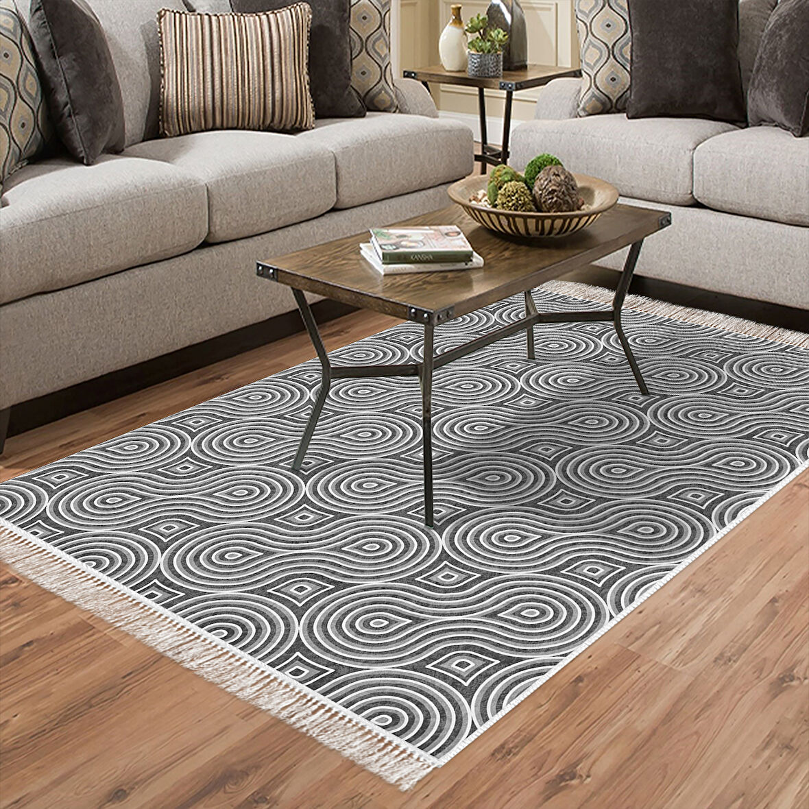 Alanur Trend Kaymaz Dod Tabanlı Saçaklı Dijital Halı