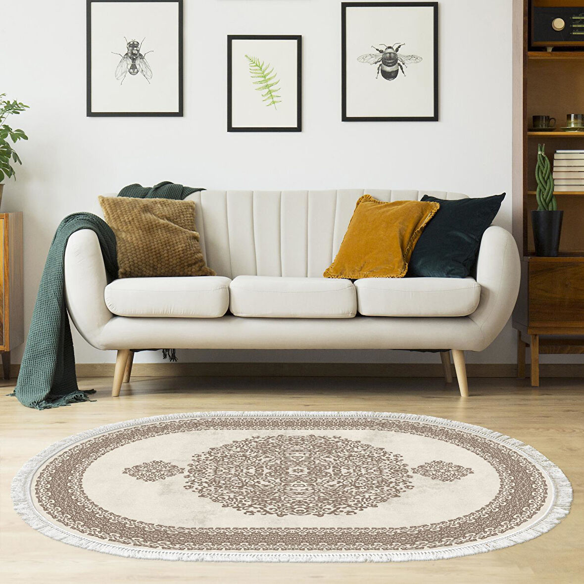 Alanur Yıldız Kaymaz Deri Tabanlı Saçaklı Dijital Halı Oval