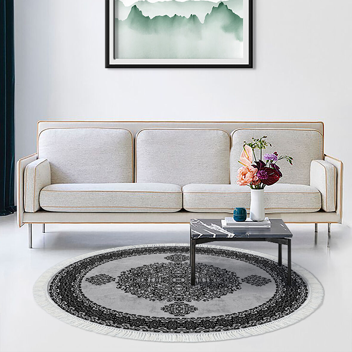 Alanur Yıldız Kaymaz Deri Tabanlı Saçaklı Dijital Halı Yuvarlak