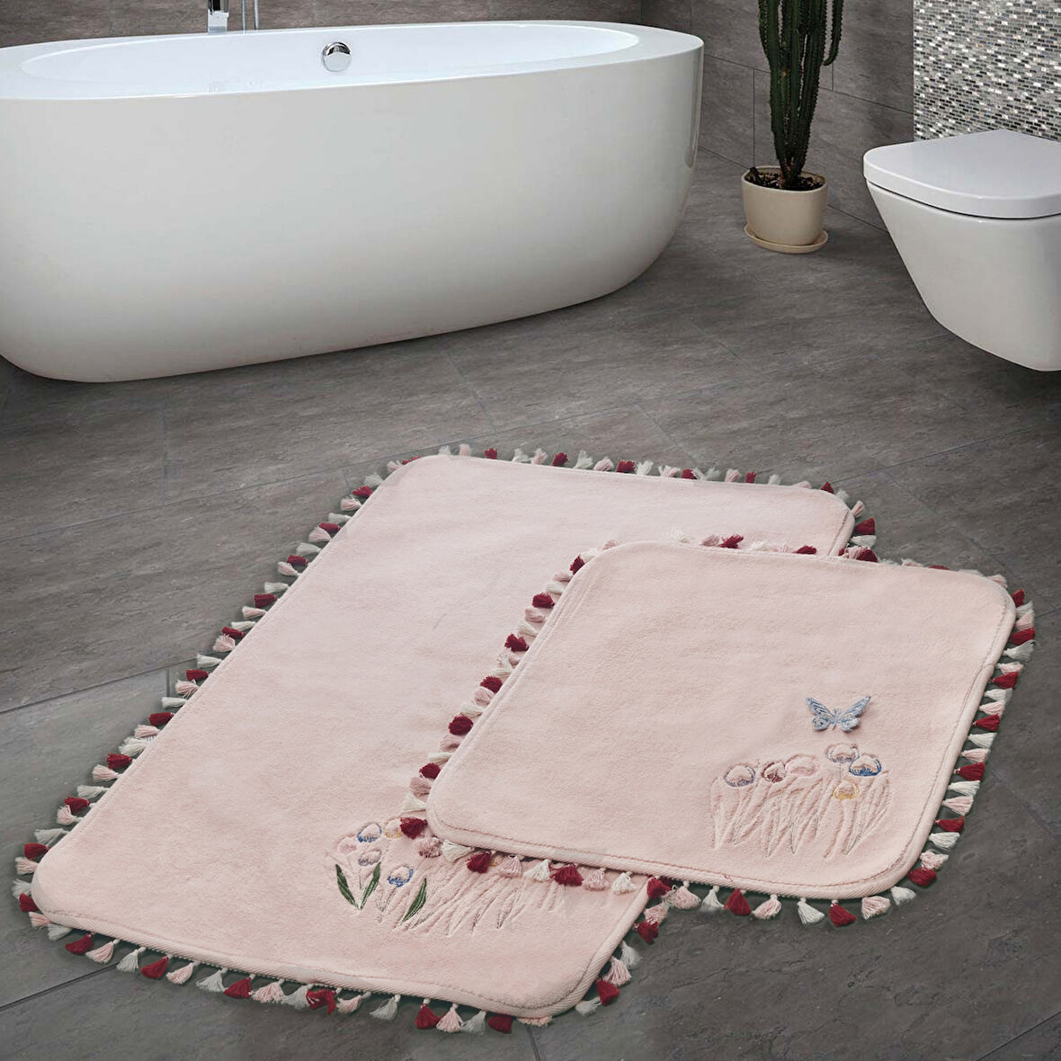 Alanur Home Lale Nakışlı Pamuklu 2 Li Banyo Banyo Paspası