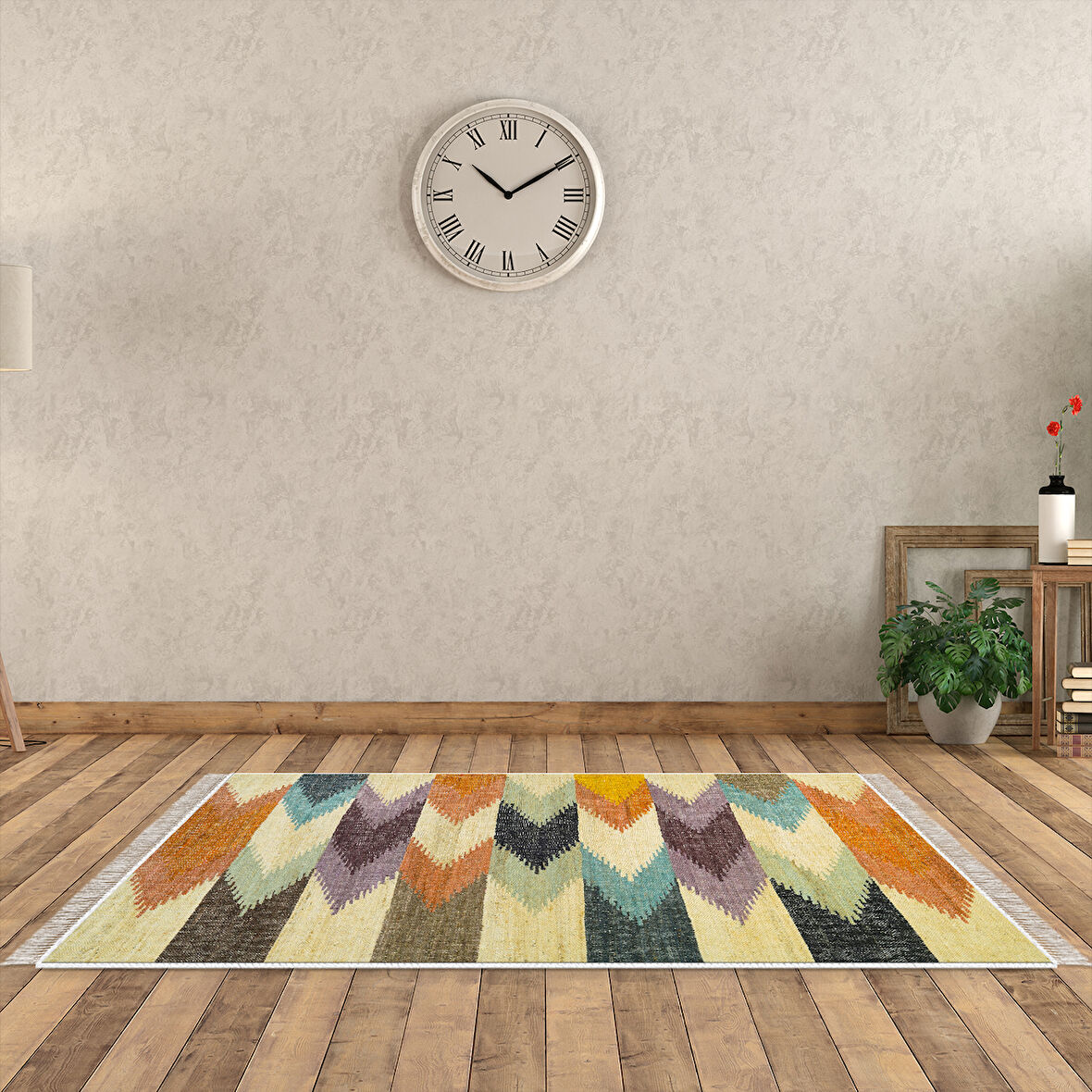 Alanur Trend Keçe Tabanlı Saçaklı Dijital Halı Multi