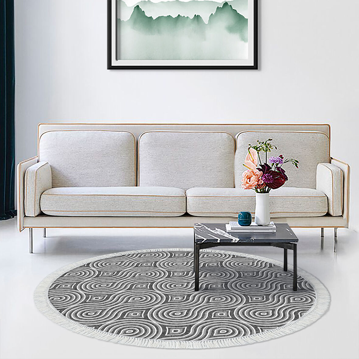 Alanur Yıldız Kaymaz Deri Tabanlı Saçaklı Dijital Halı Yuvarlak