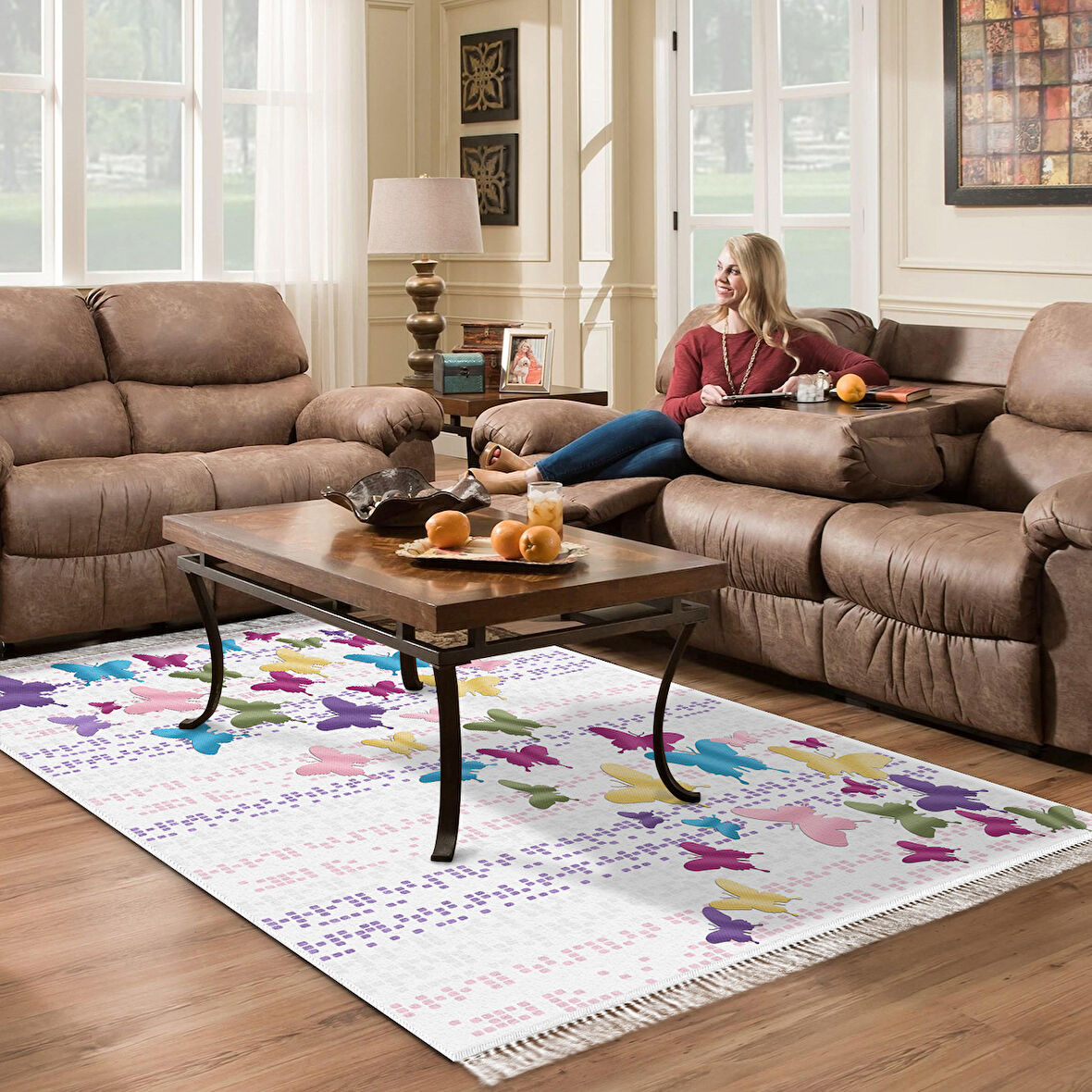 Alanur Yıldız Kaymaz Deri Tabanlı Saçaklı Dijital Halı Multi