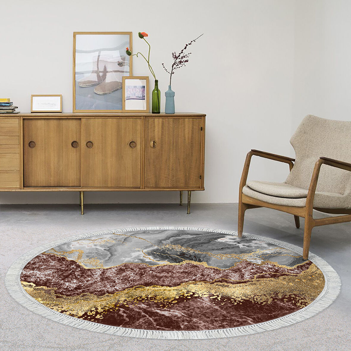 Alanur Trend Keçe Tabanlı Saçaklı Dijital Halı Yuvarlak