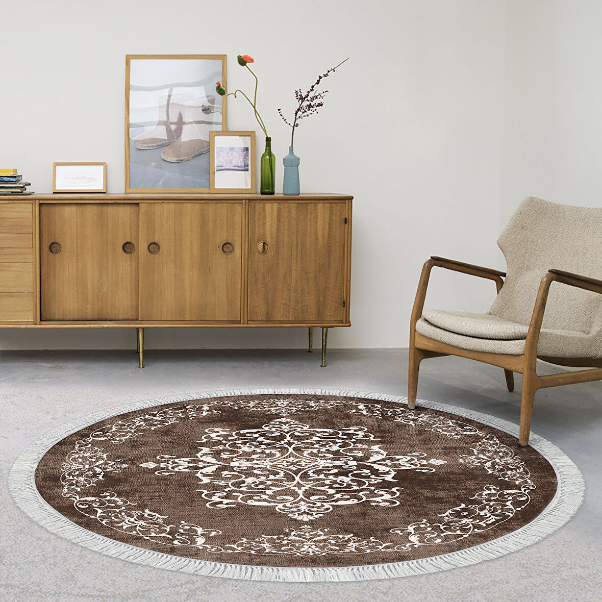 Alanur Yıldız Kaymaz Deri Tabanlı Saçaklı Dijital Halı Yuvarlak