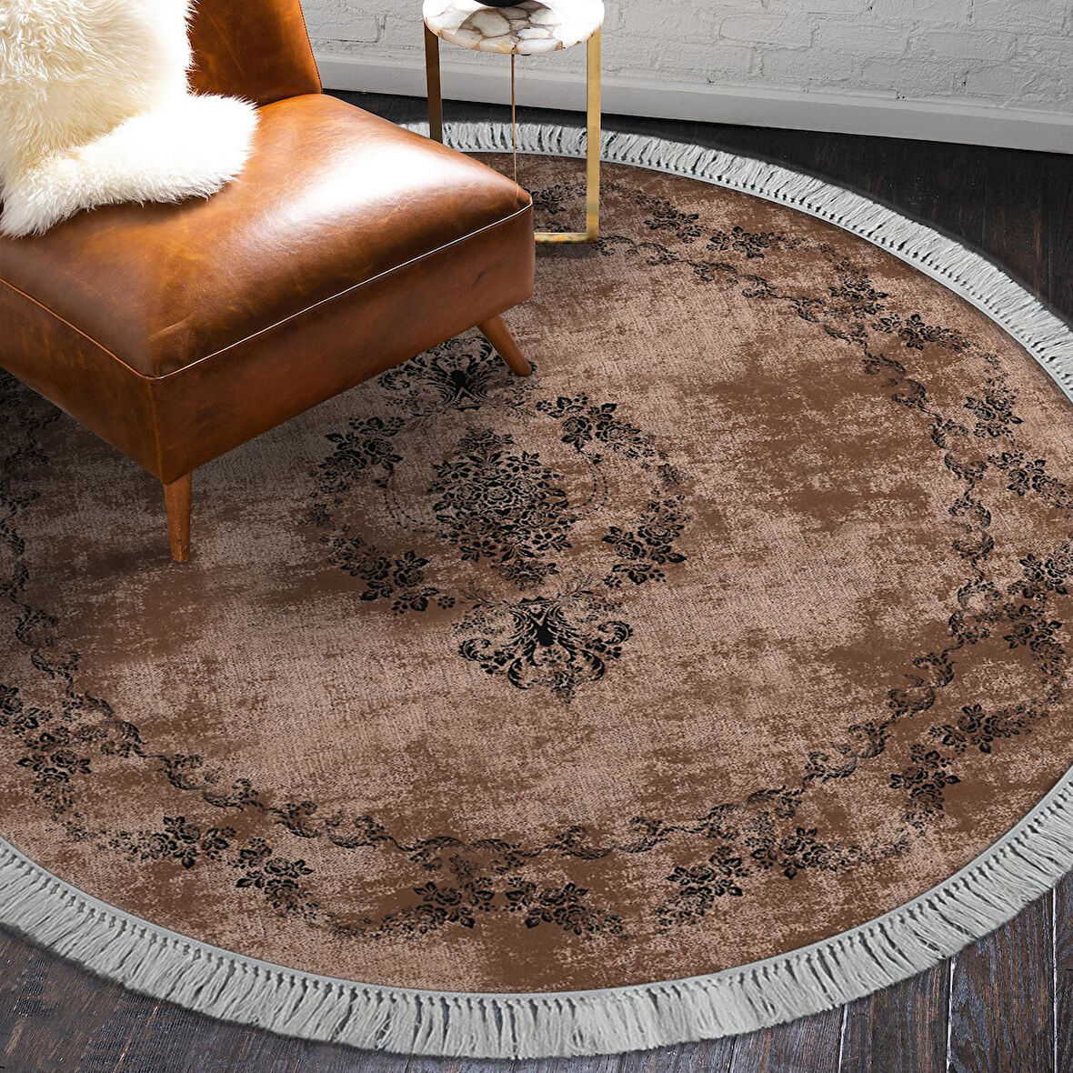 Alanur Yıldız Kaymaz Deri Tabanlı Saçaklı Dijital Halı Yuvarlak