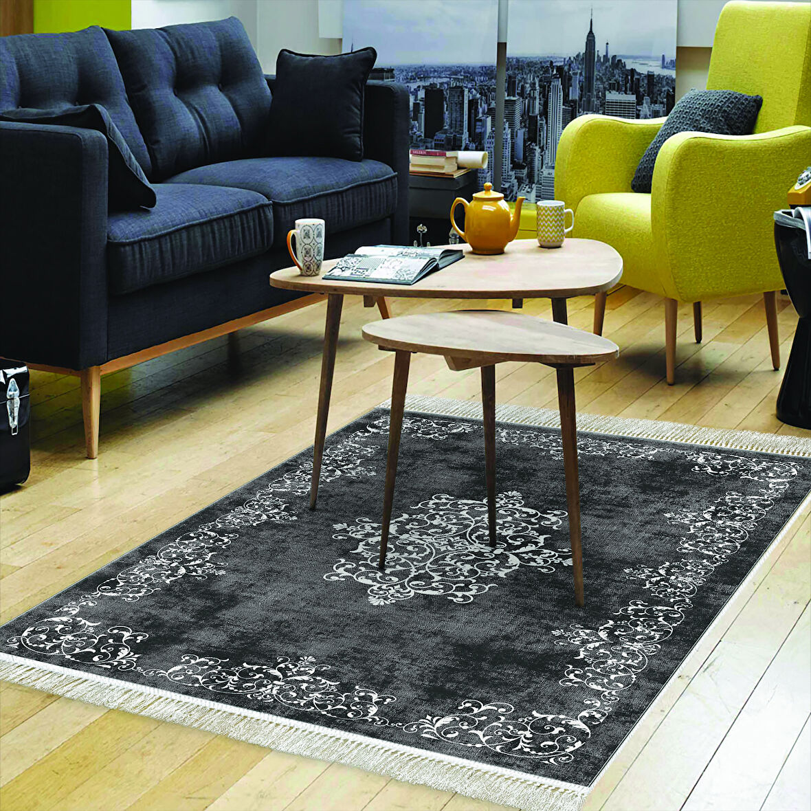 Alanur Star Kaymaz Pamuk Tabanlı Saçaklı Dijital Halı