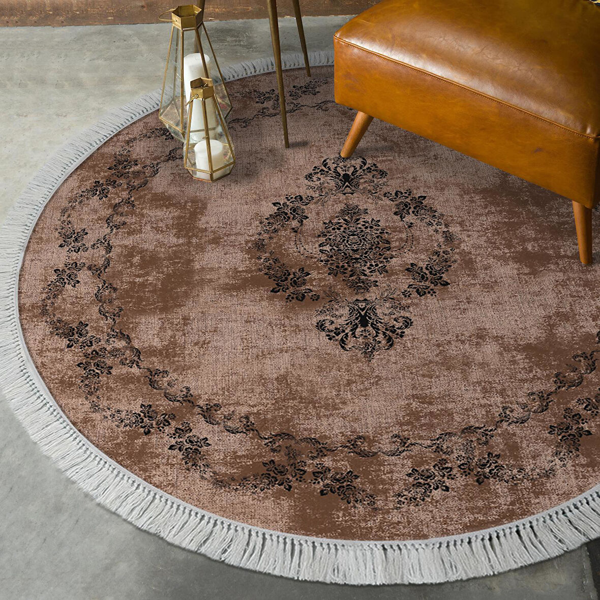 Alanur Trend Kaymaz Dod Tabanlı Saçaklı Dijital Halı Yuvarlak