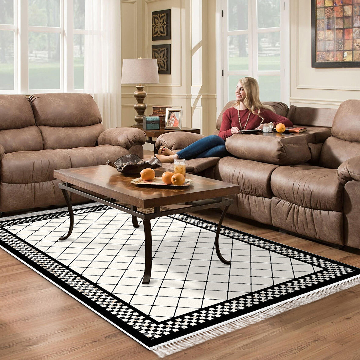 Alanur Trend Kaymaz Dod Tabanlı Saçaklı Dijital Halı