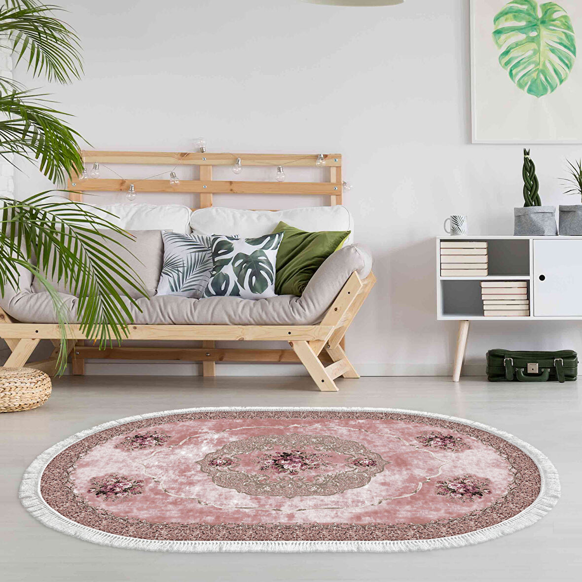 Alanur Trend Kaymaz Dod Tabanlı Saçaklı Dijital Halı Oval