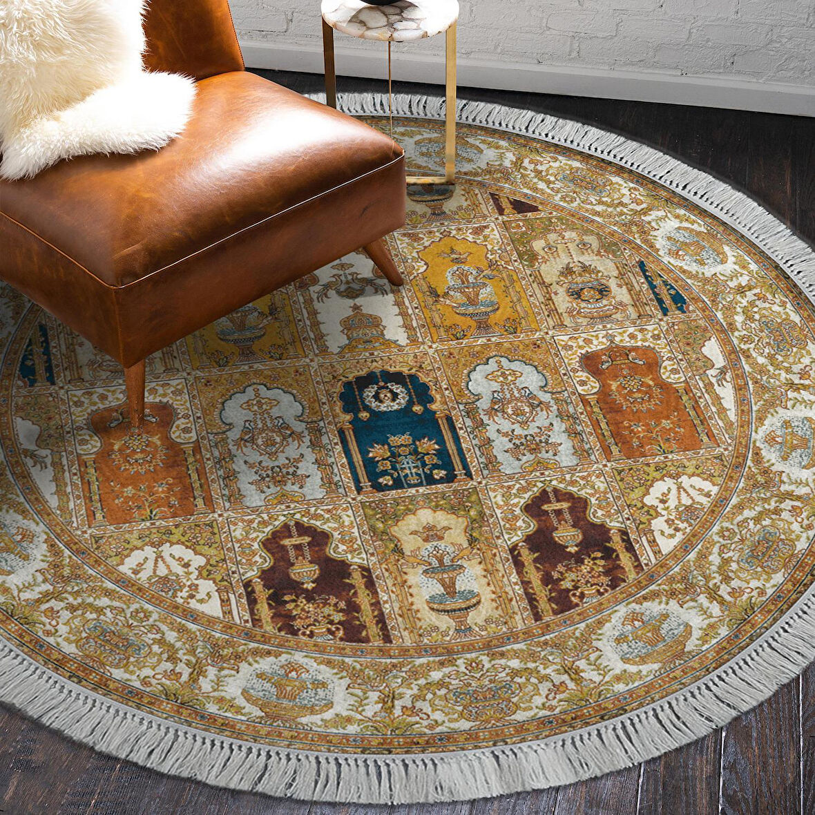 Alanur Yıldız Kaymaz Deri Tabanlı Saçaklı Dijital Halı Yuvarlak Multi