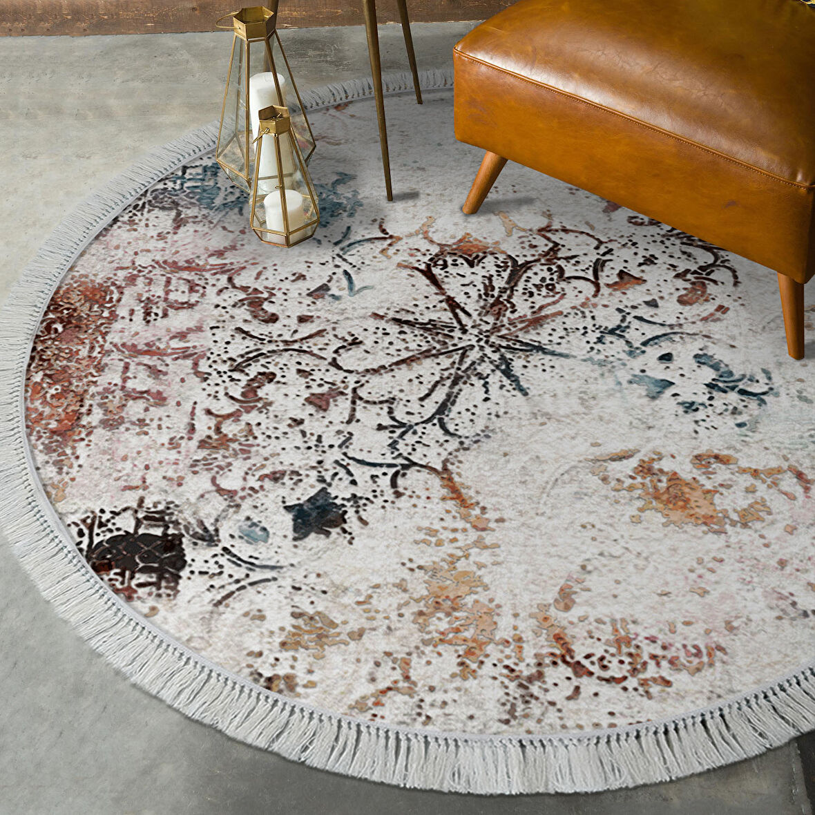 Alanur Star Kaymaz Pamuk Tabanlı Saçaklı Dijital Halı Yuvarlak