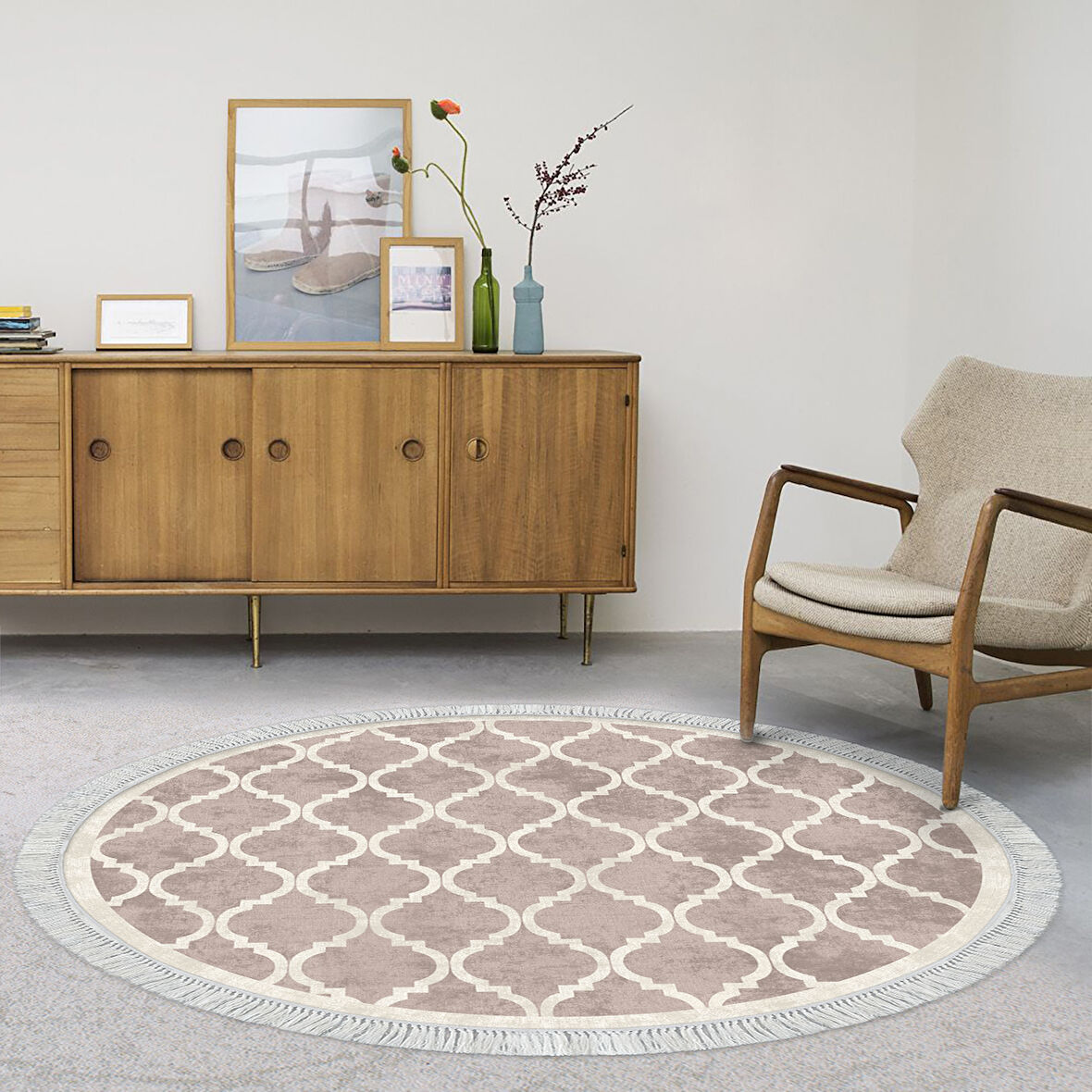 Alanur Star Kaymaz Pamuk Tabanlı Saçaklı Dijital Halı Yuvarlak