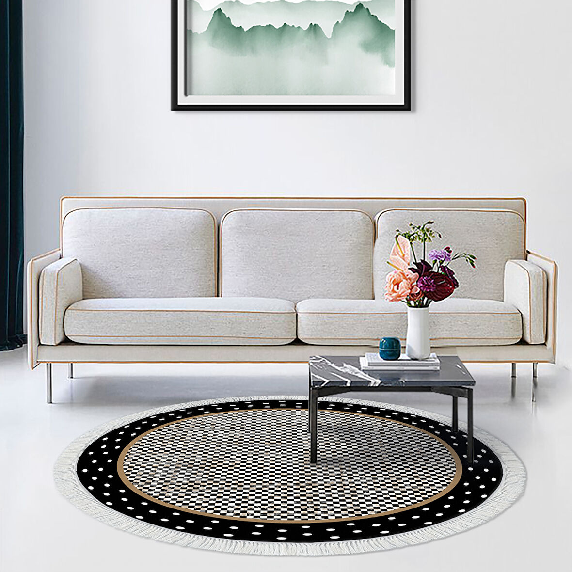 Alanur Star Kaymaz Pamuk Tabanlı Saçaklı Dijital Halı Yuvarlak