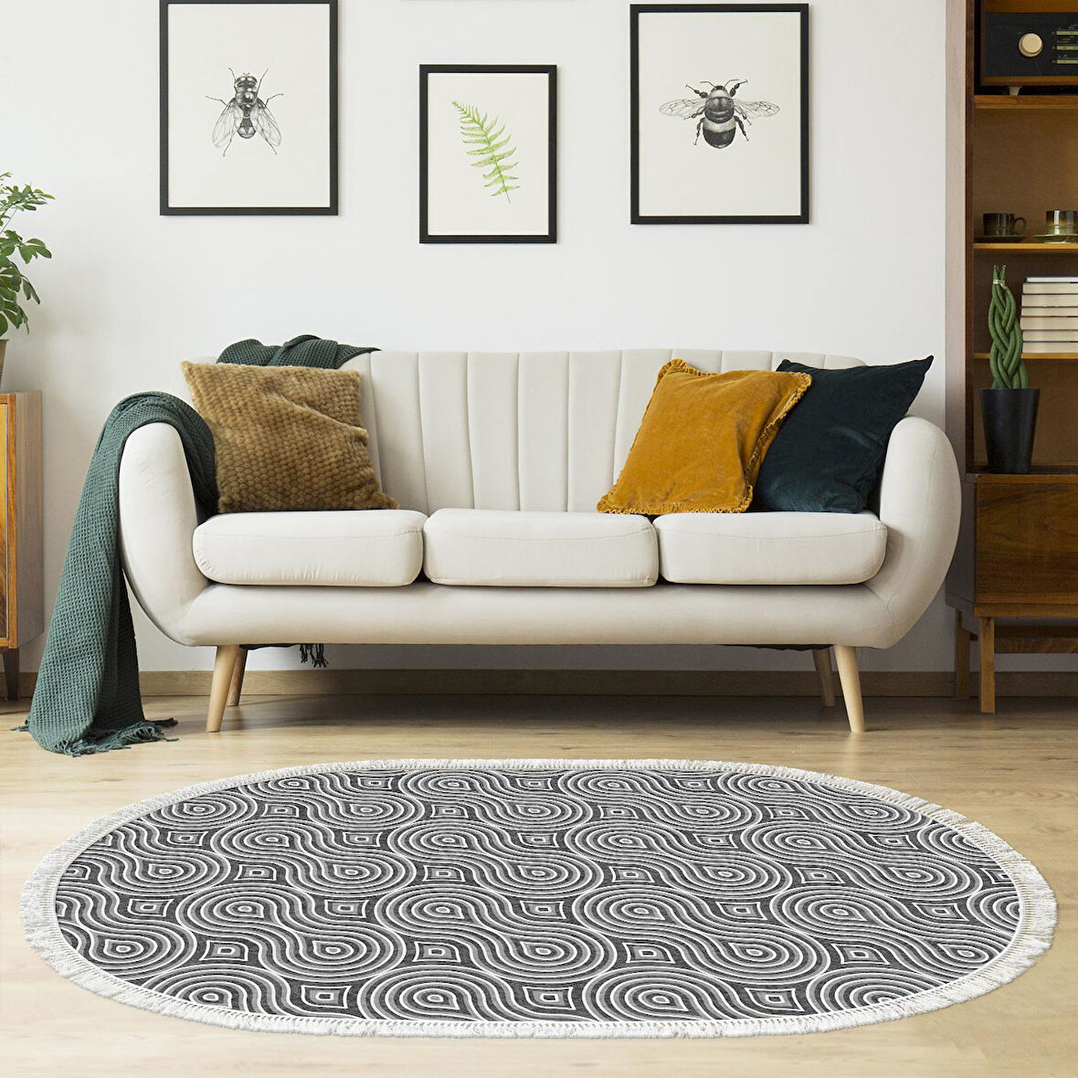 Alanur Trend Kaymaz Dod Tabanlı Saçaklı Dijital Halı Oval