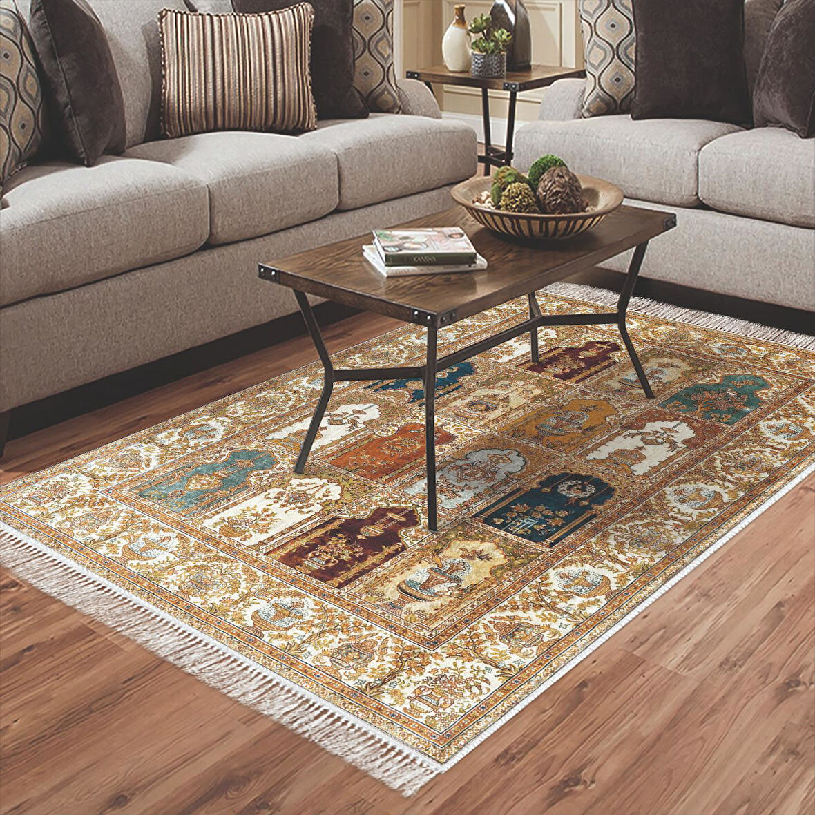 Alanur Star Kaymaz Pamuk Tabanlı Saçaklı Dijital Halı Multi